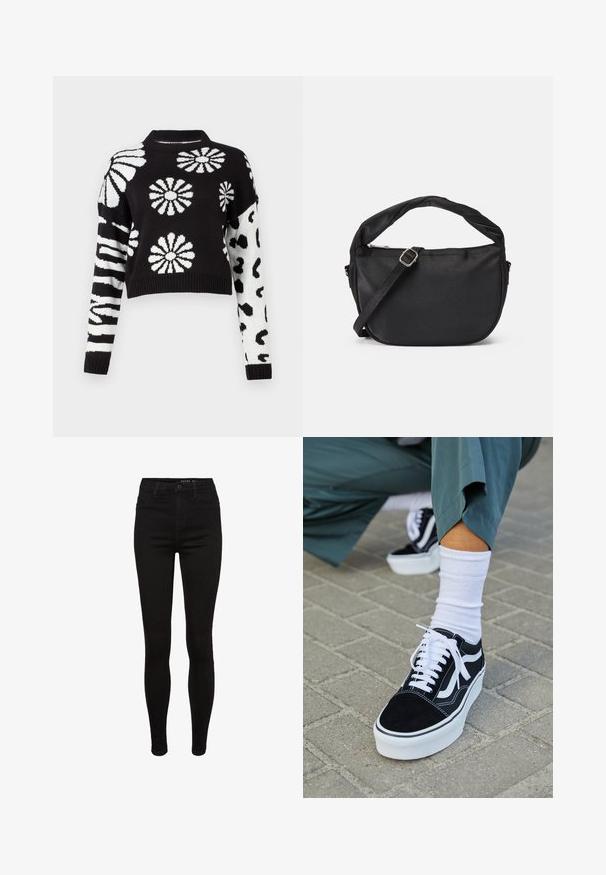 Sorte og hvide beskåret sweater med blomster- og dyremønstre, ribbede manchetter og krave, lavet af et blødt strikket materiale.; Sorte skinny jeans i denim med høj talje, fem lommer, bæltestropper og subtile syninger. Glat tekstur, tætsiddende pasform.; Sorte ruskinds sneakers med hvide accenter og snørebånd, der har en tyk hvid sål og kontrasterende syninger, parret med en hvid sok.; Sort stof skuldertaske med et snoet håndtag, en aftagelig rem og en lynlåslukning i toppen. Glat tekstur og minimalistisk design.