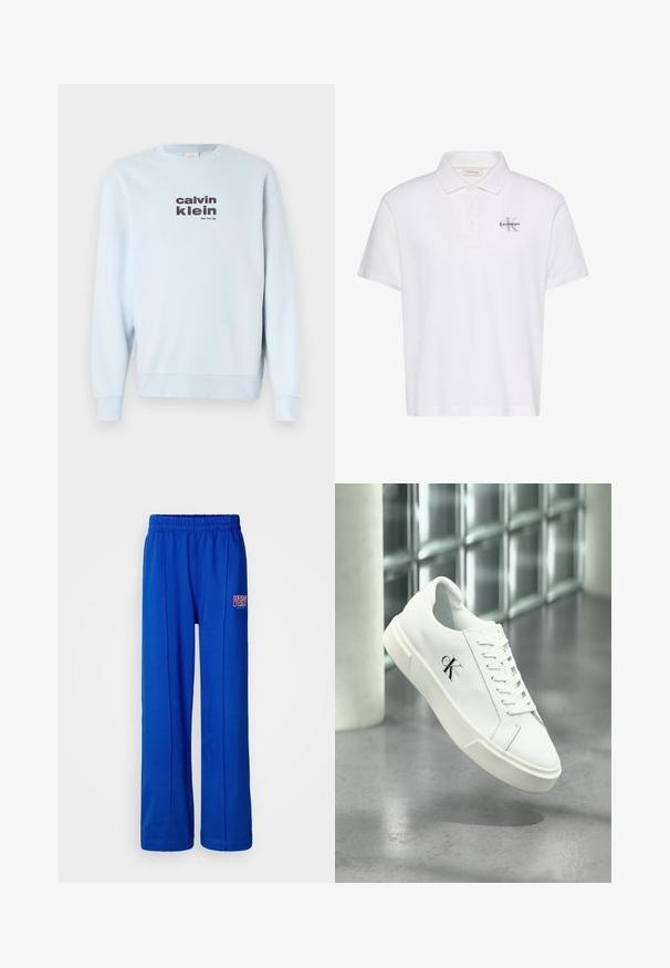 Lyseblå sweatshirt lavet af blødt stof med rund hals og lange ærmer. Fronten viser "calvin klein" og "New York City" i mørke bogstaver.; Hvid polo-shirt med korte ærmer, krave, tre-knaps åbning og lille gråt Calvin Klein-logo på venstre bryst.; Lyseblå elastiske sweatpants med lige ben og et lille rødt og hvidt "VERY" logo på højre lår.; Hvid Calvin Klein sneaker med snørebånd, vist svævende over en poleret betongulv og en baggrund af glasblokke.