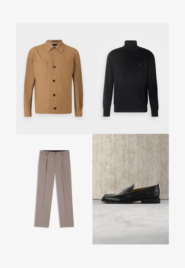 Schwarzer Rollkragenpullover mit langen Ärmeln, geripptem Kragen und Bündchen, aus einem glatten Stoff gefertigt. Mit einem kleinen Logo-Patch auf der Brust.; BOSS CRAIG - Hemd - medium beige; Hellbraune, maßgeschneiderte Herrenhose mit Gürtelschlaufen, Bügelfalten, vorderem Knopf und Reißverschluss, flach auf weißem Hintergrund liegend.; Schwarzer Herren-Slipper aus Leder mit einer krokogeprägten Vorderkappe und einem niedrigen Absatz, im Profil vor neutralem Hintergrund gezeigt.