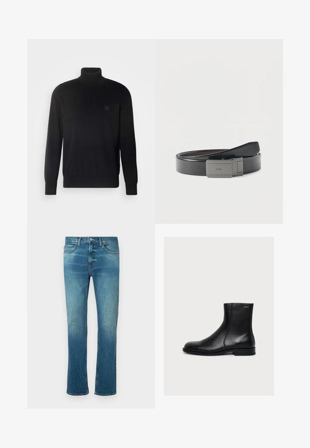 Schwarzer Rollkragenpullover mit langen Ärmeln, geripptem Kragen und Bündchen, aus einem glatten Stoff gefertigt. Mit einem kleinen Logo-Patch auf der Brust.; Blaue Jeans aus Denim mit geradem Schnitt, ausgestattet mit einem leichten Verwaschungseffekt, leichten Abnutzungen an den Knien und klassischem Fünf-Taschen-Design.; Schwarzer, glatter Lederknöchelstiefel mit niedrigem Absatz und seitlichem Reißverschluss, mit Hugo nahe dem oberen Rand beschriftet.; Schwarzer Ledergürtel mit einer rechteckigen silbernen Schnalle, auf der "BOSS" eingraviert ist, locker auf einer schlichten weißen Fläche aufgewickelt.