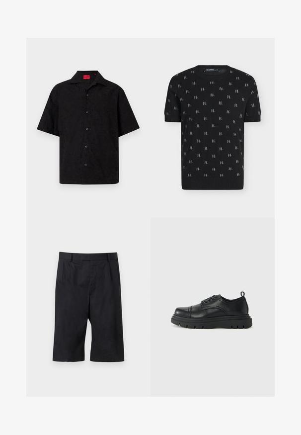 T-shirt en maille noir à manches courtes avec petits motifs répétés gris du logo "KL" et col, poignets et ourlet côtelés.; Chemise noire à manches courtes boutonnée avec une broderie florale subtile et une étiquette rouge HUGO à l'intérieur du col.; Shorts noirs sur mesure longueur genou avec passants pour ceinture et plis à l'avant, posés à plat sur un fond gris clair.; Chaussure en cuir noir avec lacets, semelle épaisse et languette au talon, vue de côté sur fond clair uni.