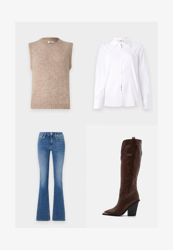 Pull en tricot beige sans manches avec un col et un ourlet côtelés. Texture douce, coupe droite et légères variations de couleur.; Chemise blanche à manches longues avec un col et une fermeture éclair sur le devant. Confectionnée dans un tissu lisse, elle a une coupe ajustée et des détails de poignets boutonnés.; Jeans taille haute en denim bleu avec poches avant, fermeture à bouton et à glissière, et jambes évasées.; RAID RIMSKY - Bottes à talons hauts - brown
