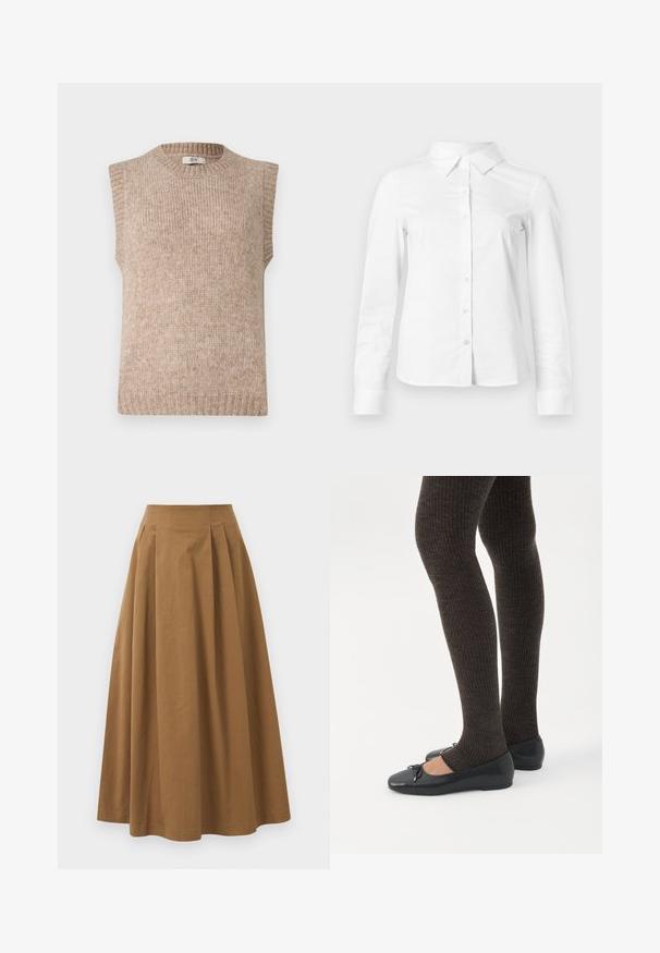 Ærmeløs beige striktrøje med ribbet halsudskæring og kant. Blød tekstur, lige snit og subtile farvevariationer.; Hvid skjorte med lange ærmer, knapper, spids krave, lige kant og tætsiddende silhuet, vist på en ensartet lys baggrund.; Brun bomulds A-linjeet nederdel med høj talje, præget af læg foran og en glat tekstur. Endeafslutningerne er enkle og rene.; Ben iført mørke ribbede leggings kombineret med sorte balletsko med små sløjfedetaljer på hvid baggrund.