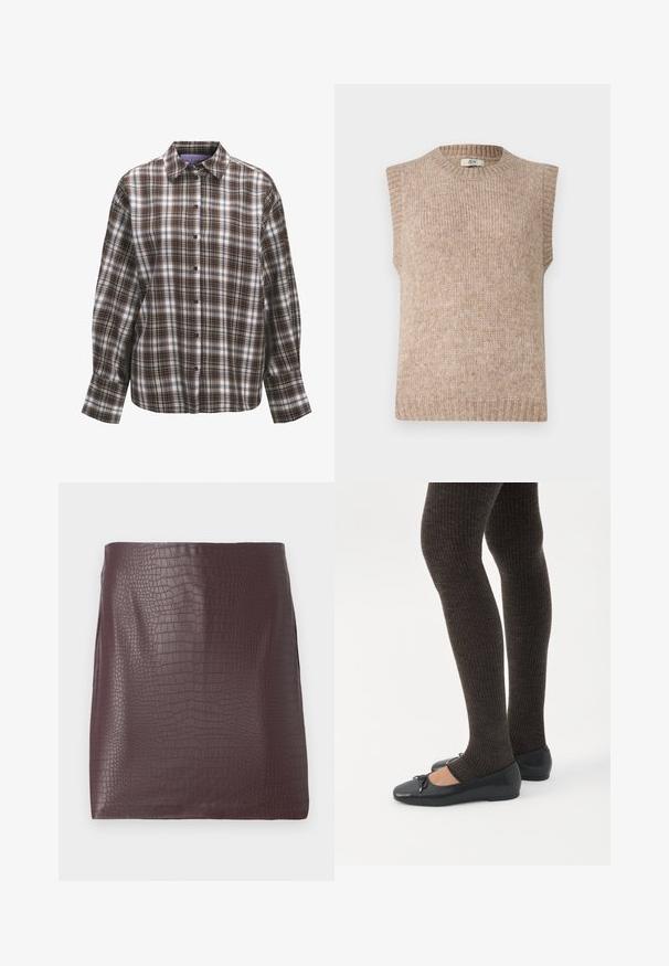 Suéter de punto sin mangas en color beige con un cuello y dobladillo acanalados. Textura suave, corte recto y sutiles variaciones de color en toda la prenda.; Camisa de manga larga con botones, con patrón de cuadros marrón, negro y blanco y un cuello clásico sobre un fondo blanco.; Falda mini de cuero sintético con estampado de cocodrilo en burdeos oscuro, con una textura suave y aberturas laterales.; Piernas con leggings oscuros acanalados combinados con bailarinas negras que presentan pequeños detalles de lazo sobre un fondo blanco.