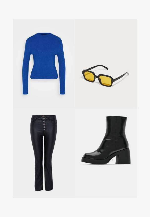 Tilpasset langærmet blå ribbet striktrøje med høj rund halsudskæring på en ensfarvet lys baggrund.; Sorte flared jeans med et elegant design, lavet af et glat materiale. Har fem sølvfarvede knaplukninger og lommer foran.; Sorte ankelstøvler med en blank finish, firkantet tå og en tyk blokhæl. Designet har en strømlinet silhuet og minimal branding.; Sorte rektangulære solbriller med gule linser. Funktioner inkluderer tykke stel og kantet design med en glat, blank finish.