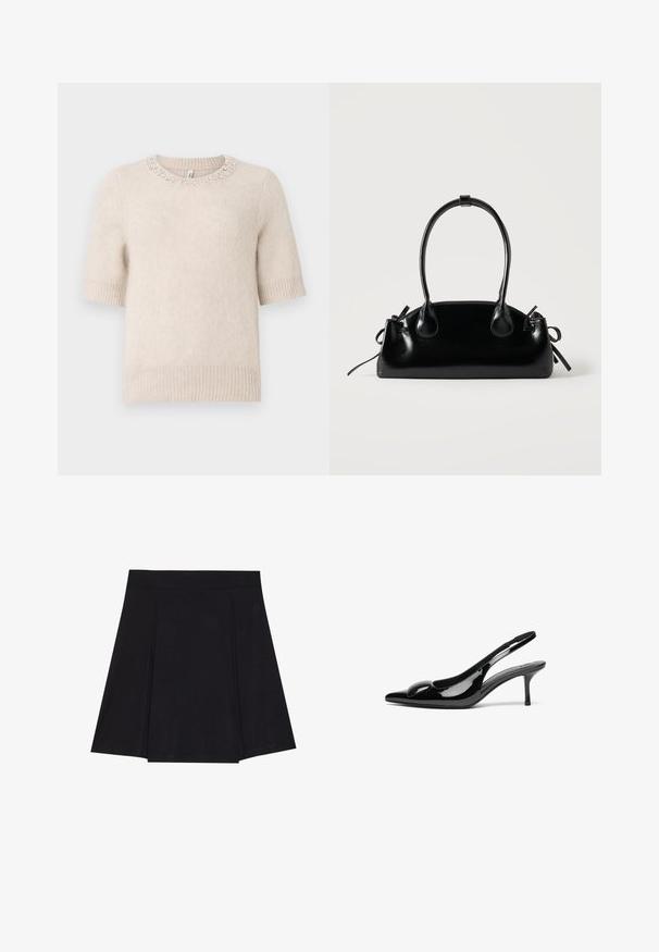 Pull beige à manches courtes avec un col rond, orné d'accents en perles au niveau du col et de poignets et d'un ourlet côtelés. Texture douce.; Jupe patineuse noire en tissu doux, avec une taille ajustée, des plis à l'avant et un ourlet évasé arrivant au genou.; Escarpins slingback en cuir verni noir avec un bout pointu et une finition brillante. Présente un talon fin et un accent arrondi au dessus du pied.; Petit sac à main noir brillant avec deux longues anses et des détails à cordon sur les côtés sur un fond clair uni.