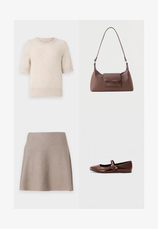 Suéter beige de manga corta con cuello redondo, que presenta detalles decorativos de cuentas en el cuello y puños y dobladillo acanalados. Textura suave.; Una falda beige de corte acampanado, hecha de una tela suave con una textura lisa y un dobladillo limpio. Diseño sencillo sin patrones o adornos visibles.; Bailarina de charol marrón con punta cuadrada y tira que presenta una pequeña hebilla dorada. Textura suave, tacón bajo y diseño minimalista.; Bolso bandolera de cuero marrón con un bolsillo frontal de solapa que presenta un detalle de moño cosido y una correa ajustable.