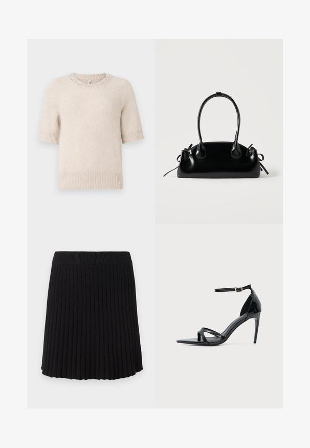 Suéter beige de manga corta con cuello redondo, que presenta detalles decorativos de cuentas en el cuello y puños y dobladillo acanalados. Textura suave.; Falda de punto negra con canalé y una cinturilla ancha, que presenta pliegues verticales y un dobladillo acampanado. Textura uniforme en toda la prenda.; Sandalia de tacón alto de charol negro con una fina correa en el tobillo, punta abierta y diseño minimalista sobre un fondo claro y liso.; Pequeño bolso negro brillante con dos asas largas y detalles de cordón lateral sobre un fondo claro liso.