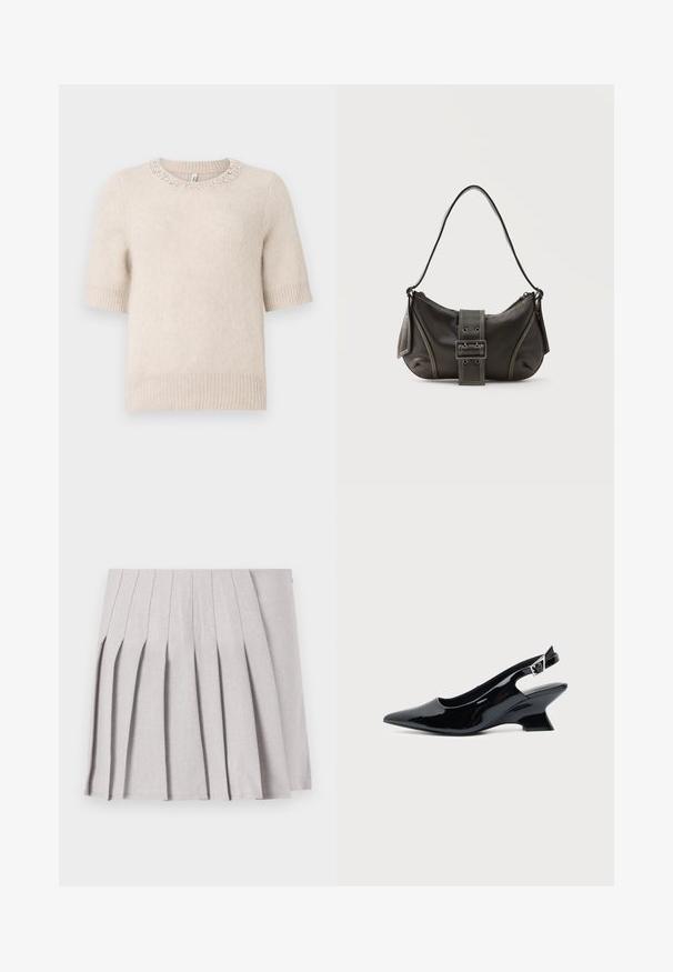 Pull beige à manches courtes avec un col rond, orné d'accents en perles au niveau du col et de poignets et d'un ourlet côtelés. Texture douce.; Jupe plissée grise au toucher lisse, dotée de multiples plis verticaux et d'une taille ajustée. Fabriquée en tissu léger.; Chaussure slingback en cuir verni noir avec bout pointu et petit talon bloc incliné sur fond clair uni.; Sac à épaule en cuir noir avec une sangle à boucle, des bords arrondis et des coutures blanches contrastées sur un fond uni.