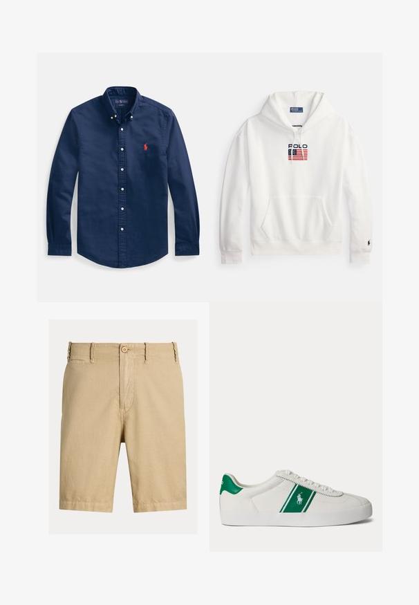 Hvid hættetrøje lavet af bomuld, med en forlompe, snøre i hætten og broderet "Polo" logo med et flagdesign i rød, hvid og blå.; Marineblå skjorte med knapper lavet af bomuld, med spidst krave, lange ærmer og et lille rødt broderet logo på brystet.; Beige shorts lavet af letvægtsstof, med en flad front, knaplukning og en let tekstureret overflade, med opsmøgede manchetter.; Hvid low-top sneaker med grøn stribe og Polo-logo på siden, grøn hæl-flik og hvide snørebånd, vist fra venstre side på ensfarvet baggrund.