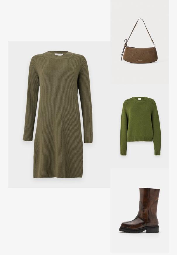 CLOSED CREW NECK LONG SLEEVE - Striktrøje - army green; CLOSED CREW NECK DRESS LONG SLEEVE - Strikkjoler - forest green; ECKHAUS LATTA STACKED BOOT - Plateaustøvler - dark brown; Brun ruskind skuldertaske med kort rem, lynlås og subtile buede syninger.
