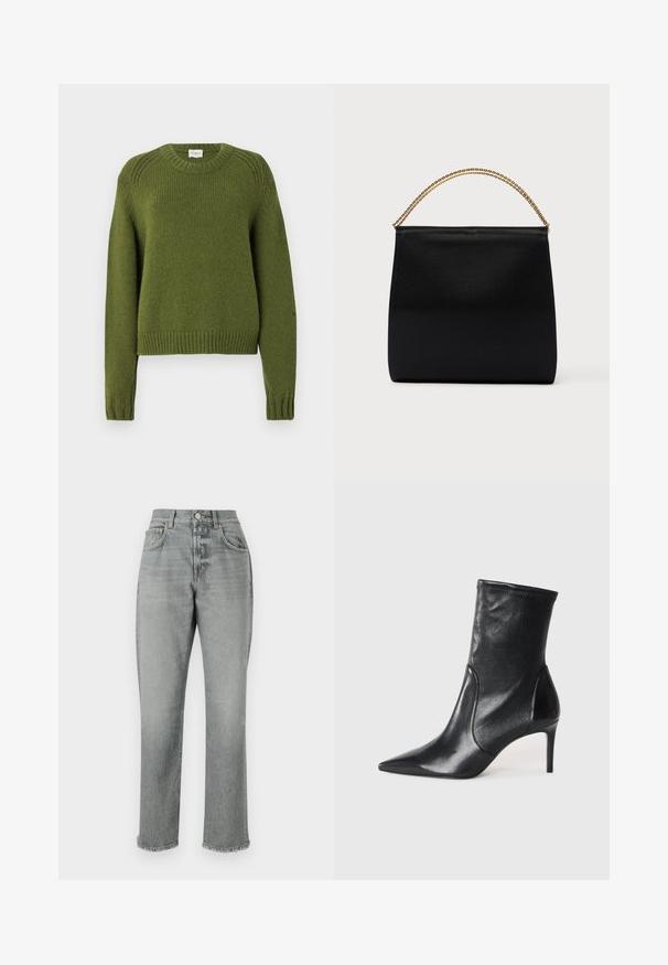 CLOSED CREW NECK LONG SLEEVE - Trui - army green; CLOSED JONTA - Relaxed fit jeans - mid grey; Zwarte enkelboots van soepel leer, met een spitse neus, een aangesloten schacht en een slanke hoge hak. Minimalistisch ontwerp zonder zichtbare hardware.; Zwarte tas van gladde stof met een gestructureerde vorm, een handvat van gouden ketting en een minimalistisch geometrisch ontwerp.