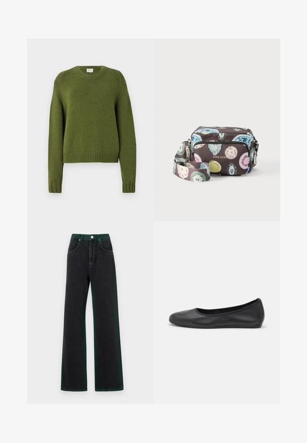 CLOSED CREW NECK LONG SLEEVE - Pullover - army green; Jean noir évasé avec des accents verts, en denim, présentant une taille haute, des poches avant et une fermeture à bouton en métal.; Ballerines en cuir noir avec un bout rond, texture lisse, détails de couture minimalistes et design de semelle flexible.; Sac bandoulière avec motifs ovales colorés sur fond sombre, poche avant zippée et bandoulière réglable, marqué "STINE GOYA" en lettres dorées.