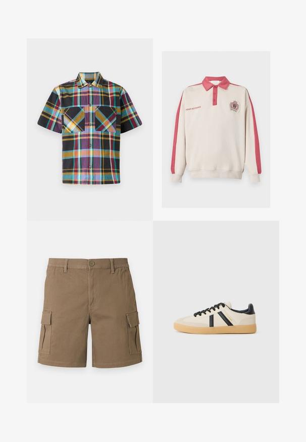 Beige langærmet polo sweatshirt med rød krave, røde striber på ærmerne, teksten ""FEAR NOTHING"" på brystet og våbenskjoldlogo på venstre side.; Kortærmet ternet skjorte med en blanding af farver, herunder lilla, sort, gul og teal, med to brystlommer og knaplukning foran.; Brune cargoshorts med knaplukning, bæltestropper og klaplommer på begge sider.; Casual sneakers i creme med sorte striber, med en tekstureret overdel og sål i gummigummi. Snørebåndene er sorte. Diskret logo på siden.