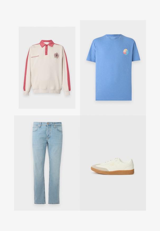 Beige lange mouw polo-sweatshirt met een rode kraag, rode strepen op de mouwen, de tekst ""FEAR NOTHING"" op de borst en een wapenschildlogo aan de linkerkant.; Lichtblauw T-shirt met korte mouwen en een kleine ronde afbeelding van een zonsondergang op het strand en een golf op de linkerborst.; Lichtblauwe denim jeans met een rechte snit, vijf zakken en een knoopsluiting bij de taille, plat gepresenteerd op een witte achtergrond.; Schoen gemaakt van wit leer met een beige teenkap en een lichtbruine rubberen zool. Voorzien van platte witte veters en reliëfbranding aan de zijkant.
