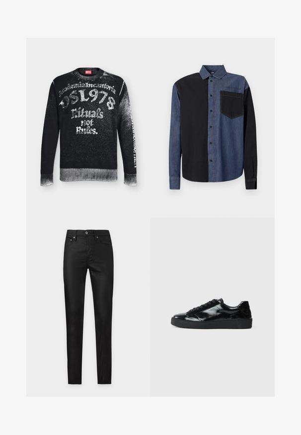 Sweat-shirt noir Diesel avec texte blanc usé incluant "DSL 1978," "Rituals not Rules," et détails délavés aux manches et à l'ourlet.; Chemise à boutons avec un design déstructuré : côté gauche noir, côté droit bleu denim, avec une poche poitrine et un détail de marque au-dessus.; Pantalon noir slim fit avec bouton à l'avant, fermeture éclair et design cinq poches, présenté sur un fond clair uni.; Baskets en cuir verni noir avec un bout arrondi, un laçage, une semelle en caoutchouc texturé et une finition lisse.