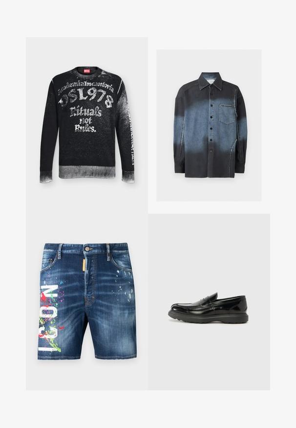 Sweat-shirt noir Diesel avec texte blanc usé incluant "DSL 1978," "Rituals not Rules," et détails délavés aux manches et à l'ourlet.; Chemise à manches longues boutonnée avec un dégradé du noir au bleu denim, poche poitrine avec étiquette visible et coutures apparentes.; Shorts en denim à lavage foncé avec une texture usée, présentant des éclaboussures de peinture multicolores et un lettrage graphique blanc audacieux à l'avant.; Mocassin en cuir noir avec une finition brillante, bout arrondi, détails de couture subtils et semelle en caoutchouc épaisse pour la durabilité.