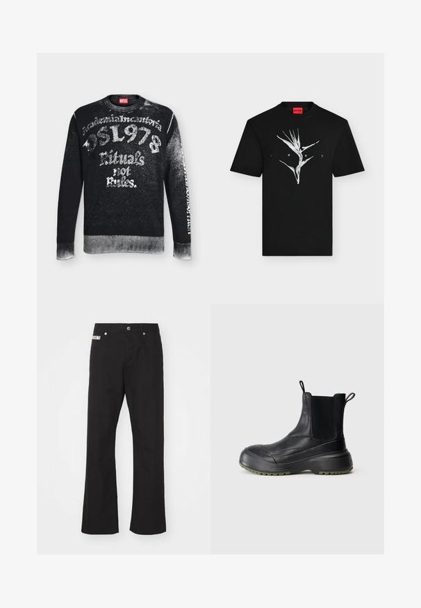 Schwarzes Diesel Sweatshirt mit weißem, distressed Schriftzug, einschließlich "DSL 1978," "Rituals not Rules," und verblassten Details an Ärmeln und Saum.; Schwarzes T-Shirt mit kurzen Ärmeln, weißer stilisierter Pflanzengrafik und dem Schriftzug "HUGO" vorne, rotes Markenlabel innen im Kragen.; Schwarze Baumwollhose mit geradem Bein, mit einem Frontknopfverschluss, zwei seitlichen Taschen und einem kleinen Markenetikett am Bund.; Schwarze Leder-Ankle-Boots mit elastischen seitlichen Einsätzen, runder Zehenpartie und dicker Gummisohle mit olivenfarbigen Akzenten und Zugschlaufen.