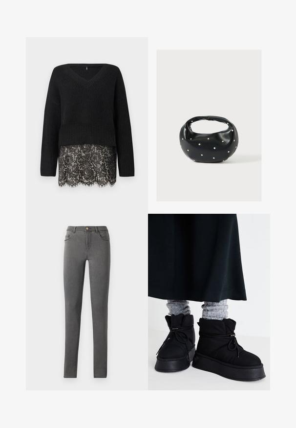 Sort striktrøje med V-hals, der har lange ærmer og en scalloped blondekant. Den teksturerede stof kontrasterer med den glatte blonde nedenfor.; Grå denim skinny jeans med en tætsiddende pasform, fem lomme stil og en enkelt metalknaplukning i taljen.; Sorte, puffede ankelstøvler med flade såler, snørebånd og fremtrædende stikninger. Bæret med grå ribbede sokker, der stikker frem, sammen med en mørk nederdel.; Sort læderhåndtaske med en rundet form, dekoreret med sølvnitter, og et kort håndtag. Glat tekstur og lynlåslukning.