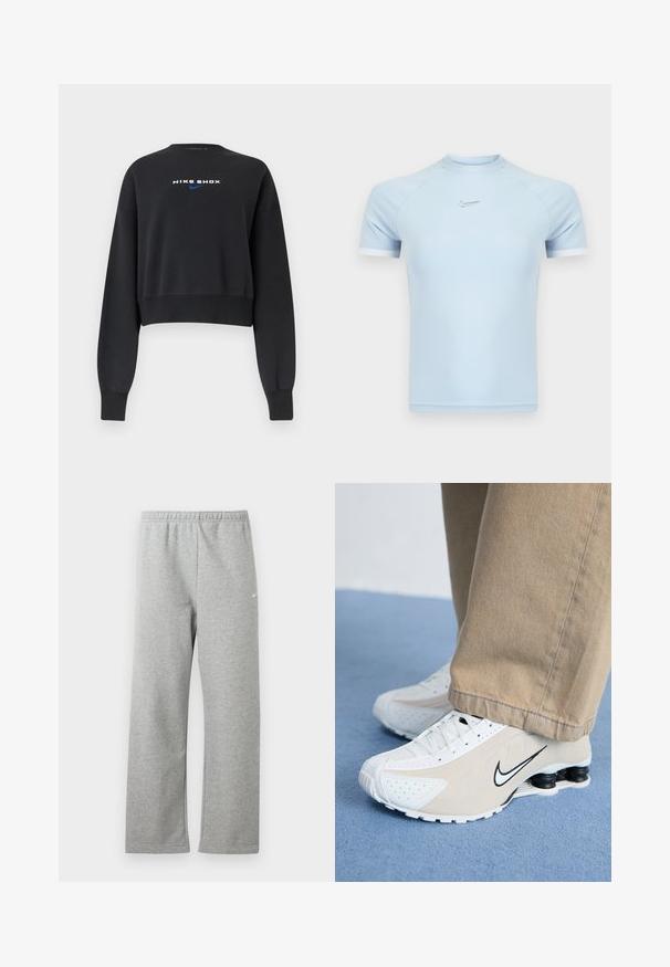 Sort cropped langærmet sweatshirt med ribstrikkede manchetter og kant, med hvid "NIKE SHOX"-tekst og blå Nike Swoosh på brystet.; Lyseblå atletisk t-shirt med korte ærmer lavet af glat stof. Har rund halsudskæring og subtilt Nike-logo på brystet med hvide detaljer.; Lysegrå joggingbukser med elastisk talje og lille hvidt Nike-logo på øverste lår, vist fladt mod en hvid baggrund.; Hvide og beige Nike sneakers med perforeret design, sort swoosh-logo, tekstureret overdel og en karakteristisk fjederlignende sort hæl.