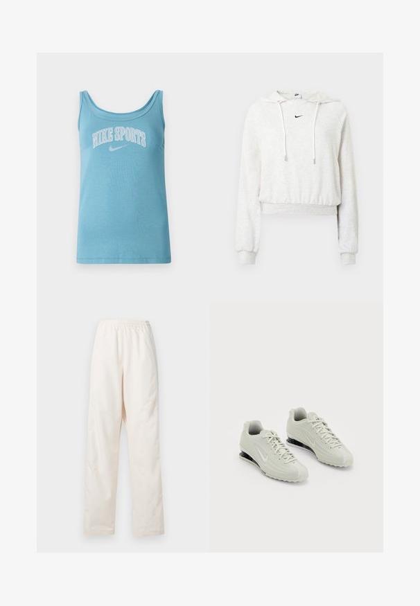 Lichtgrijze cropped hoodie gemaakt van zacht stof, met een capuchon met trekkoord, lange mouwen, geribbelde manchetten en een klein zwart Nike-logo.; Lichtblauw sporttanktop met brede ronde hals, mouwloos ontwerp en "NIKE SPORTS" in witte letters over de borst gedrukt. Zacht katoenmateriaal.; Loszittende, crèmekleurige broek met elastische taille en een rechte pijp, weergegeven tegen een effen witte achtergrond.; Witte Nike sneakers met een gestructureerde bovenkant, voorzien van een gladde neus en zwarte dempingaccenten. Vetersluiting met een versterkte hiel.