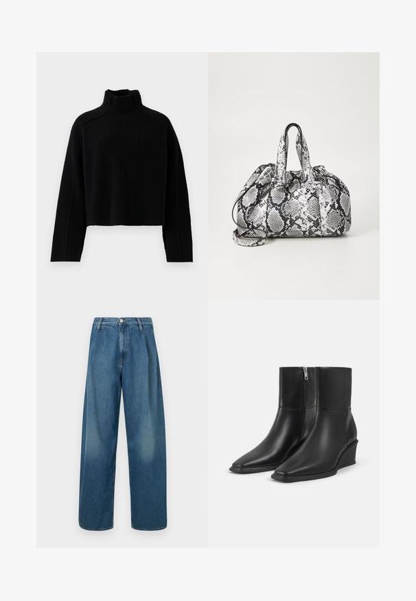 Zwarte ribgebreide trui met een hoge hals en een cropped ontwerp, met lange mouwen en een gestructureerde afwerking.; Blauwe wijde jeans van denim, met een hoge taille, knoopsluiting aan de voorkant en subtiele vervagingen in de stof.; Een paar zwarte leren enkellaarsjes met puntige neuzen, sleehakken en zijritssluitingen op een effen lichte achtergrond.; Zwart-wit handtas met slangenhuidpatroon, voorzien van twee handvaten, een trekkoordsluiting en een afneembare schouderriem. Hanteert een gladde textuur.