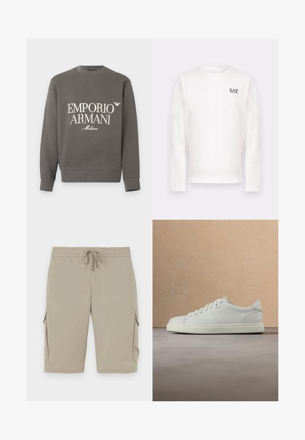 Grå sweatshirt lavet af bomuld med rund halsudskæring, lange ærmer og et hvidt trykt logo med teksten "EMPORIO ARMANI Milano" på forsiden.; Hvid langærmet t-shirt med rund hals og lille sort "EA7 Emporio Armani" logo på øvre venstre bryst.; Beige cargo shorts med elastisk talje og snor. Har sidelommer og et glat, let stof.; Hvid lædersneaker med en glat tekstur, rund snude og flade snørebånd. Har et diskret logo og en letvægts sål.