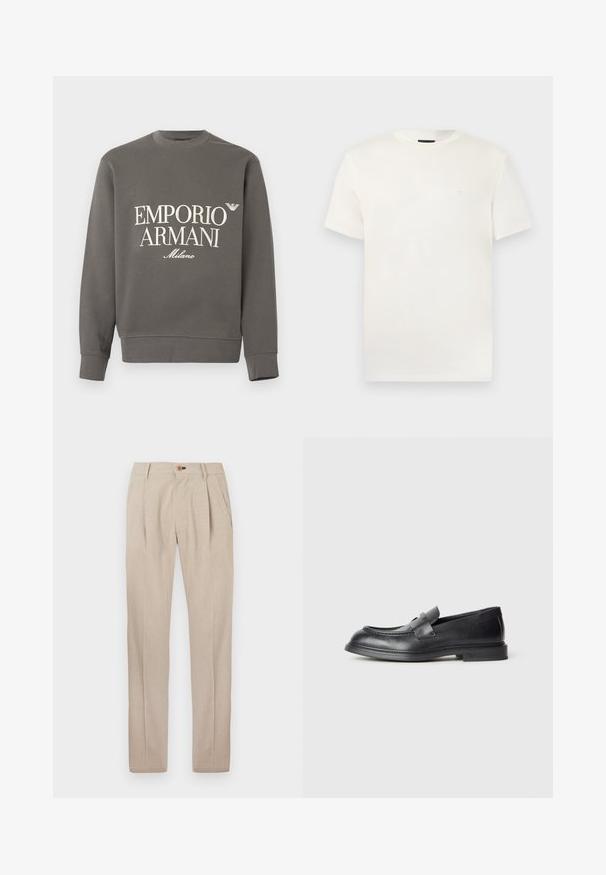 Sweat-shirt gris en coton, avec un col rond, des manches longues, et un logo blanc imprimé : "EMPORIO ARMANI Milano" sur le devant.; T-shirt blanc à manches courtes et col rond avec un logo brodé subtil sur le côté gauche de la poitrine, présenté sur un fond clair uni.; Pantalon beige en tissu léger, doté d'une texture lisse, de quatre plis à l'avant et d'une fermeture à bouton à la taille.; Mocassins en cuir noir avec une finition texturée, dotés d'une bride décorative à l'avant et d'un bout arrondi. Semelle en caoutchouc pour plus de durabilité.