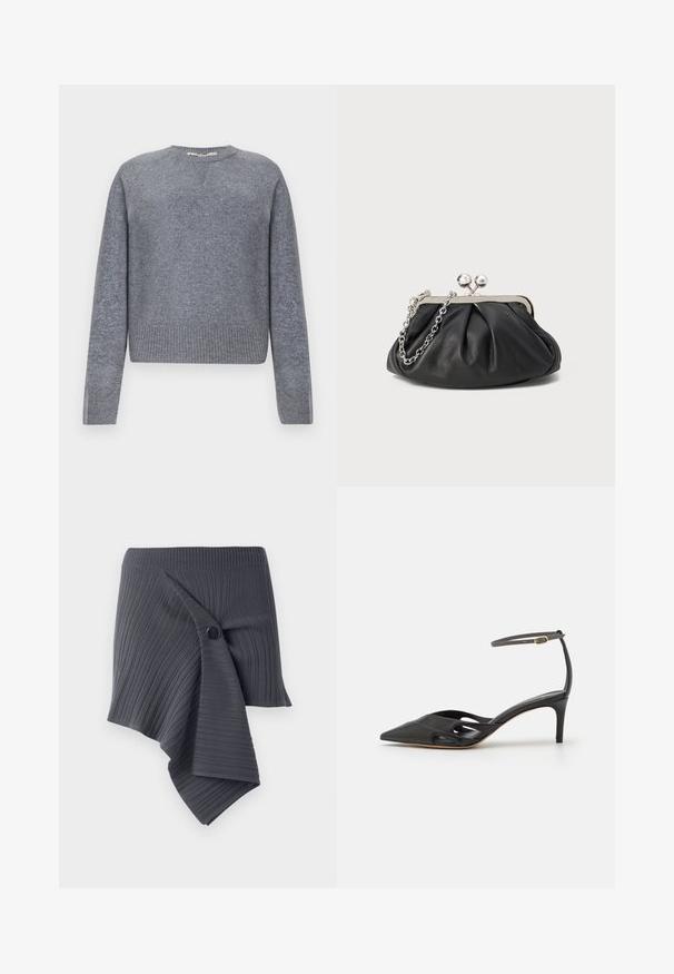 Grå strikket sweater med rund halsudskæring, ribbede manchetter og nederkant samt en tekstureret overflade. Har en diskret V-indfatning ved halsen.; Mørkegrå ribbet omslagsskjørt med et snoet design og en rund sort knapaccent. Fremstillet af et struktureret, strækbart materiale.; Sort læder højhælet sko med spids tå, åbne sider og en tynd ankelrem med en lille guld detalje.; Sort læder clutch med samlet tekstur, sølvfarvet metalramme, kys-lås lukning og kædestrop. Glat, blød overflade.