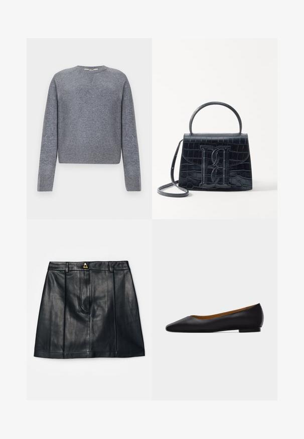 Grijze gebreide trui met een ronde halslijn, geribbelde manchetten en zoom, en een gestructureerde afwerking. Heeft een subtiele V-inzet bij de hals.; AERON RUDENS SKIRT - A-lijn rok - black; Zwarte leren puntschoen met lage hak en gladde afwerking, zijaanzicht op een lichtgrijze achtergrond.; Zwarte handtas van krokodillleer met een gestructureerd ontwerp, bovenhandvat, verstelbare schouderband en een opvallend voorlogo.