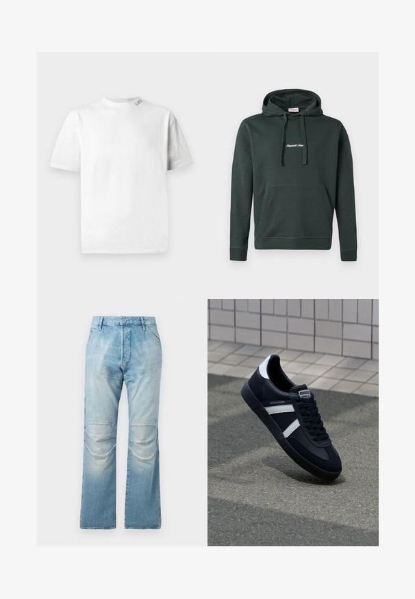 Dunkelgrüne Kapuzenjacke aus einem Baumwollmischgewebe, mit einer Fronttasche und Kordeln. Enthält weißen, gestickten Text auf der Brust.; Weißes Kurzarm-T-Shirt mit Rundhalsausschnitt, das über eine subtile Textur und ein kleines Logodetail auf der linken Schulter verfügt.; Helle blaue, hochgeschnittene Jeans mit geradem Schnitt, ausgestattet mit Knieflicken und einer ausgewaschenen Textur. Metallknopfverschluss an der Taille.; Schwarze Leder-Sneaker mit weißen Streifen, strukturiertem Gummisohle und Schnürung. Verfügt über ein Markenetikett auf der Zunge.