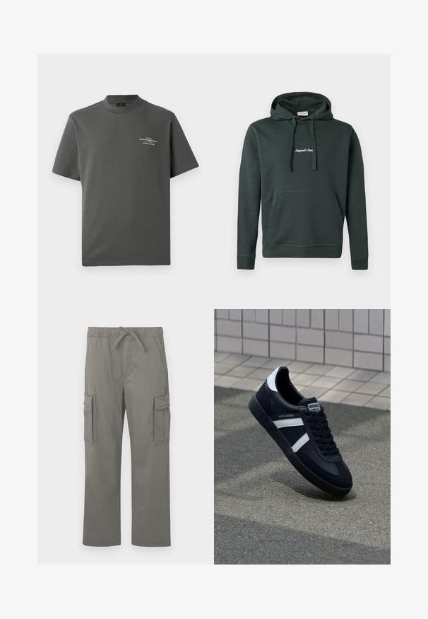 Dunkelgrüne Kapuzenjacke aus einem Baumwollmischgewebe, mit einer Fronttasche und Kordeln. Enthält weißen, gestickten Text auf der Brust.; Jack & Jones PREMIUM Printed - T-Shirt print - volcanic ash; Graue gerade Cargo-Hosen mit elastischem Bund, Kordelzug, seitlichen Klappentaschen und vorderen Schrägtaschen auf einem weißen Hintergrund.; Schwarze Leder-Sneaker mit weißen Streifen, strukturiertem Gummisohle und Schnürung. Verfügt über ein Markenetikett auf der Zunge.