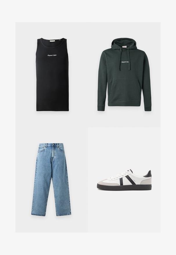 Donkergroen hoodie van katoenmix, met een voorzak en koordjes. Bevat witte geborduurde tekst op de borst.; Zwarte tanktop van ribstof. Voorzien van een ronde halslijn en een klein wit "Originals Studio" logo op de borst.; Lichtblauwe spijkerbroek met een hoge taille, brede rechte pijpen, knoopsluiting aan de voorkant, ritssluiting en ontwerp met vijf zakken.; Witte sneaker met zwarte en grijze accenten, voorzien van een grijze neus met textuur, zwarte rubberen zool en platte witte veters. Schoon ontwerp, minimalistische stijl.