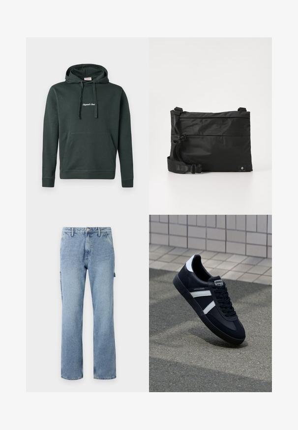 Donkergroen hoodie van katoenmix, met een voorzak en koordjes. Bevat witte geborduurde tekst op de borst.; Lichtblauwe denim cargobroek met rechte benen, vijf zakken en een knoopsluiting. Heeft zijzakken en een casual, ontspannen pasvorm.; Zwarte leren sneaker met witte strepen, een gestructureerde rubberen zool en vetersluiting aan de voorkant. Voorzien van een merklabel op de tong.; Zwarte nylon boodschappentas met verstelbare riem, plat ontwerp en een zijlabel met een logo. Soepele textuur en minimalistische stijl.
