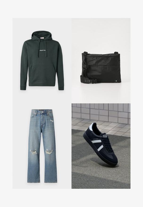 Mørkegrøn hoodie lavet af bomuldsblandinger, med en brystlomme og snore. Indeholder hvidt broderet tekst på brystet.; Lyseblå denimjeans med lige ben design. De har to huller ved knæene og en klassisk lynlås med knaplukning.; Sort lædersneaker med hvide striber, tekstureret gummisål og snørrebånd foran. Har et brandet mærke på tungen.; Sort nylon messenger-taske med justerbar rem, fladt design og et sideetiket med et logo. Glat tekstur og minimalistisk stil.
