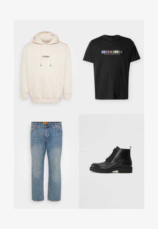 Cremehoody med snoretræk, frontlomme og trykt "JJ Studios" logo. Har ribbede mansjetter og kant. Blødt materiale med glat tekstur.; Sort kortærmet T-shirt med teksten "JACK & JONES ESTABLISHED IN 1990" i farverige blokbogstaver på brystet.; Lyseblå denim jeans med lige ben, der har fem lommer, knaplukning og orange mærke på taljebåndet.; Sorte læder ankelstøvler med rund tå, snørebånd fortil og tekstureret gummisål. Inkluderer en løkke ved hælen for nem påføring.