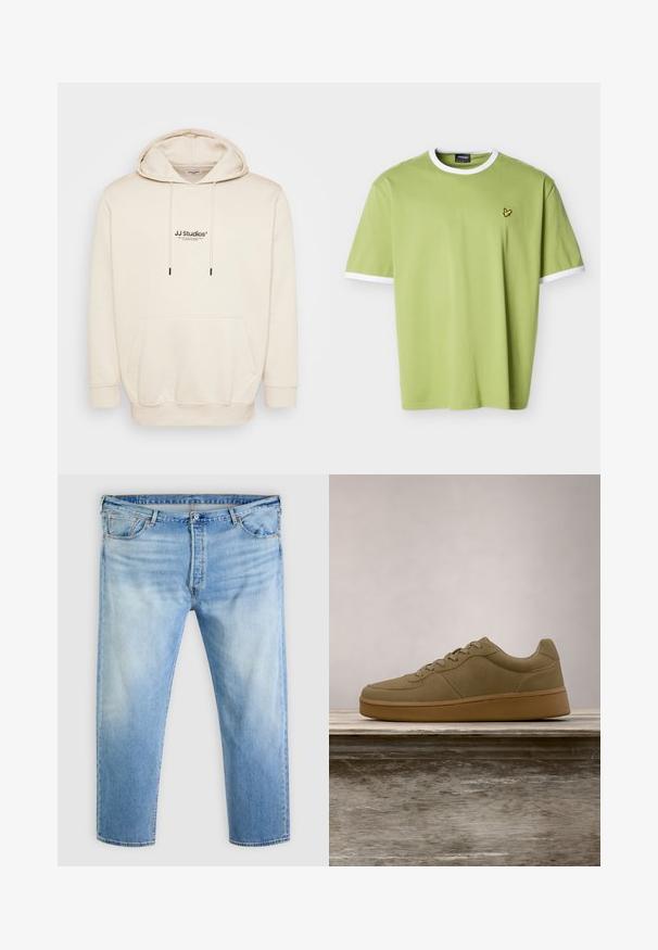 Hoodie crème avec cordons de serrage, poche avant et logo imprimé "JJ Studios". Présente des poignets et un ourlet côtelés. Matériau doux avec une texture lisse.; T-shirt vert clair à manches courtes avec col et bords de manches blancs, arborant un petit logo d'oiseau jaune sur la poitrine gauche.; Jean en denim bleu clair avec détails délavés, fermeture frontale par bouton et fermeture éclair, passants pour ceinture et design à cinq poches.; Baskets vert olive à lacets flottant au-dessus d'un banc en bois, avec un feuillage vert flou en arrière-plan.