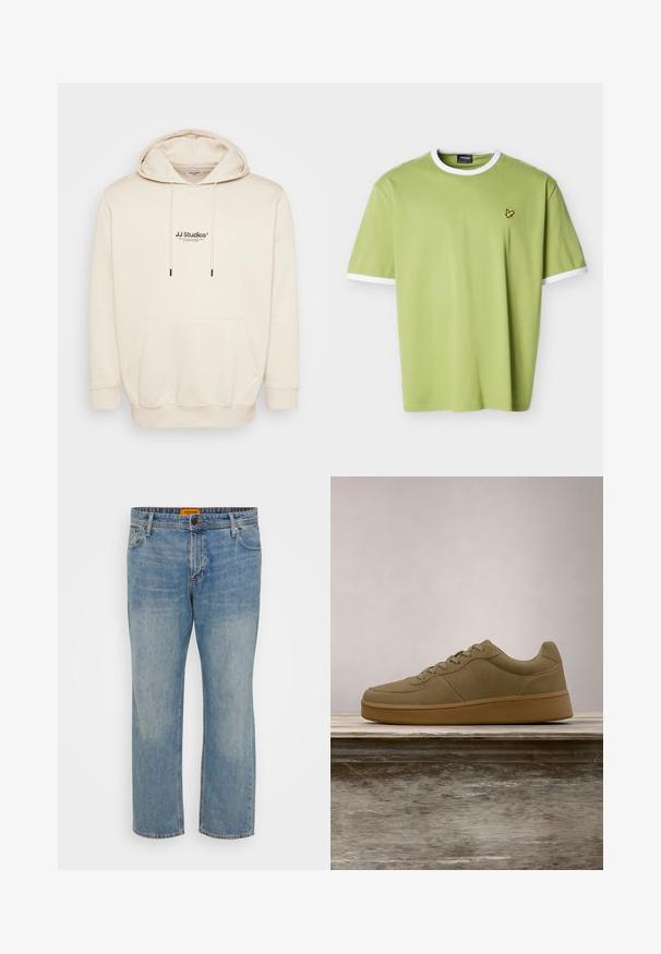 Crème hoodie met trekkoorden, voorzak en bedrukt "JJ Studios" logo. Heeft ribgebreide manchetten en onderkant. Zacht materiaal met een gladde textuur.; Lichtgroen T-shirt met korte mouwen, witte kraag en mouwranden, met een klein geel vogellogo op de linkerborst.; Lichtblauwe denim jeans met een rechte pasvorm, voorzien van vijf zakken, een knoopsluiting en een oranje merklabel op de tailleband.; Olijfgroene sneaker met veters zwevend boven een houten bankje, met vervaagde groene bladeren op de achtergrond.