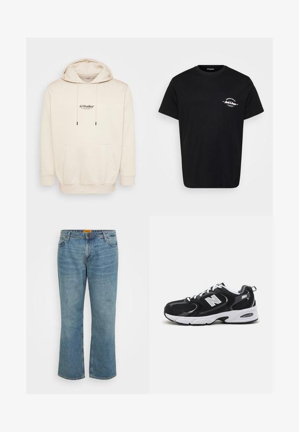 Cremehoody med snoretræk, frontlomme og trykt "JJ Studios" logo. Har ribbede mansjetter og kant. Blødt materiale med glat tekstur.; Sort bomulds-T-shirt med rund hals, korte ærmer og et hvidt trykt logo på venstre bryst. Klassisk pasform og glat tekstur.; Lyseblå denim jeans med lige ben, fem lommer, synlig syning og lynlås. Mærket er gult på indersiden af taljebåndet.; Sorte og grå sportssko med mesh og ruskind på overdelen, der har en hvid mellemsål, snørebånd og et iøjnefaldende "N" logo på siden.