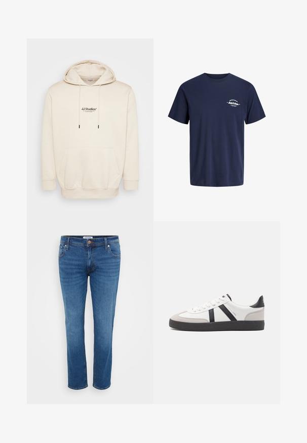 Cremefarbene Kapuzenjacke mit Kordelzügen, Fronttasche und bedrucktem "JJ Studios"-Logo. Ausgestattet mit gerippten Bündchen und Saum. Weiches Material mit glatter Textur.; Marineblaues T-Shirt mit kurzen Ärmeln und Rundhalsausschnitt mit kleinem weißen Schriftzug "Definition of Jack & Jones" auf der linken Brust.; Jeans aus Denim in einem mittleren Blauton, mit einem geraden Bein Design, fünf Taschen-Stil und einem Knopfverschluss an der Taille.; Weiße Sneaker mit schwarz- und grau-aczenten, ausgestattet mit einer strukturierten grauen Zehenkappe, schwarzer Gummi-Sohle und flachen weißen Schnürsenkeln. Sauberes Design, minimalistische Stil.