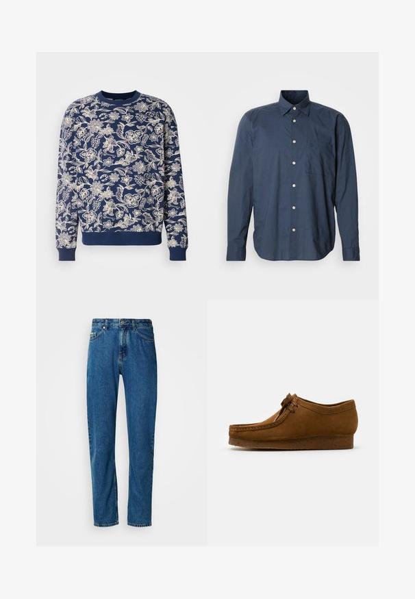 Marineblauwe sweatshirts met witte bloemrijke borduursels, ronde halslijn, lange mouwen, geribbelde manchetten en zoom, met verfijnde botanische patronen.; Marineblauw overhemd met lange mouwen, klein ruitpatroon, enkele borstzak en witte knopen op een effen achtergrond.; Blauwe rechte spijkerbroek met vijf zakken en een knoopsluiting aan de voorkant op een witte achtergrond.; Bruine suède schoen met een ronde neus en een lage hak, gedetailleerde stiksels langs de naden en een vetersluiting aan de voorkant. Zachte textuur met een gestroomlijnd ontwerp.