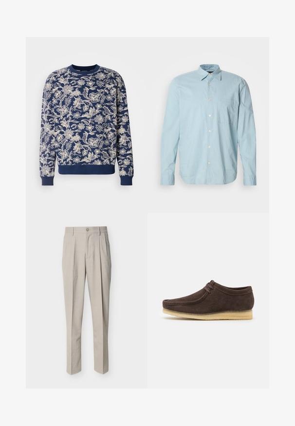 Mørkeblå sweatshirt med hvid blomstret broderi, rund halsudskæring, lange ærmer, ribbede manchetter og kant, med detaljerede botaniske mønstre.; Lyseblå ternet skjorte med lange ærmer, knap-ned krave, brystlomme og hvide knapper. Fremstillet af et glat stof.; Beige herre bukser med skræddersyet pasform, forreste læg, bæltestropper, knaplukning og lige ben på hvid baggrund.; Brune ruskindsko med en glat overflade, rund tå og minimalistisk design. Har en lysgummisål og kontrastfarvet snøredetalje.