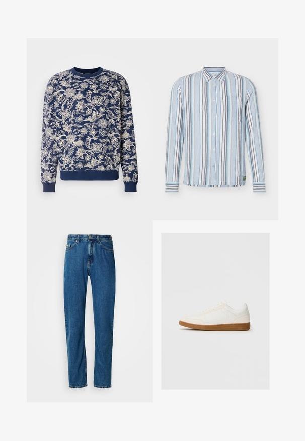 Mørkeblå sweatshirt med hvid blomstret broderi, rund halsudskæring, lange ærmer, ribbede manchetter og kant, med detaljerede botaniske mønstre.; Langærmet skjorte med knapper, med lodrette striber i blå, hvid, grå og lys turkis, med krave og brystlomme.; Blå lige ben denim jeans med fem lommer og frontlukning med knap på en hvid baggrund.; Hvide sneakers med en ruskind tåspids, glat syntetisk overdel og tan gummisål. Har perforeringer på siderne for åndbarhed.