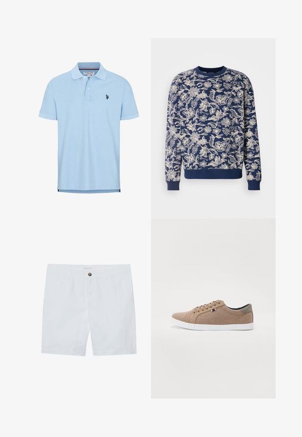 Marineblauer Sweatshirt mit weißer Blumenstickerei, rundem Ausschnitt, langen Ärmeln, gerippten Bündchen und Saum, mit filigranen botanischen Mustern.; Helles blaues Polohemd mit kurzen Ärmeln aus weicher Baumwolle. Mit einer Knopfleiste mit drei Knöpfen, Kragen und besticktem Logo auf der Brust.; Weiße Baumwollshorts mit einer Knopfverschluss vorne, zwei seitlichen Taschen und geradem Schnitt. Markenlabel "Pier One" am Bund.; Beige Leinensneaker mit einem Low-Top-Design, weißer Gummisohle und runden Schnürsenkeln. Mit kontrastierenden grauen Akzenten an der Ferse und einem Logo-Detail.
