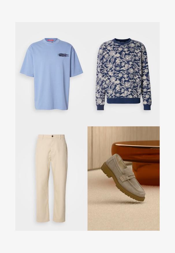 Marineblauwe sweatshirts met witte bloemrijke borduursels, ronde halslijn, lange mouwen, geribbelde manchetten en zoom, met verfijnde botanische patronen.; Lichtblauw T-shirt met korte mouwen van katoen. Heeft een ronde hals en een zwarte grafische print van pijlen op het linkerbovenborstgebied.; Beige katoenen broek met rechte benen, een sluiting met een voorste knoop, zijzakken en een soepele textuur. Minimalistisch ontwerp, zonder zichtbare patronen.; Lichtgrijze suède loafer met dikke bruine rubberen zool geplaatst op een beige tapijt voor een wazige bruine ronde tafel.