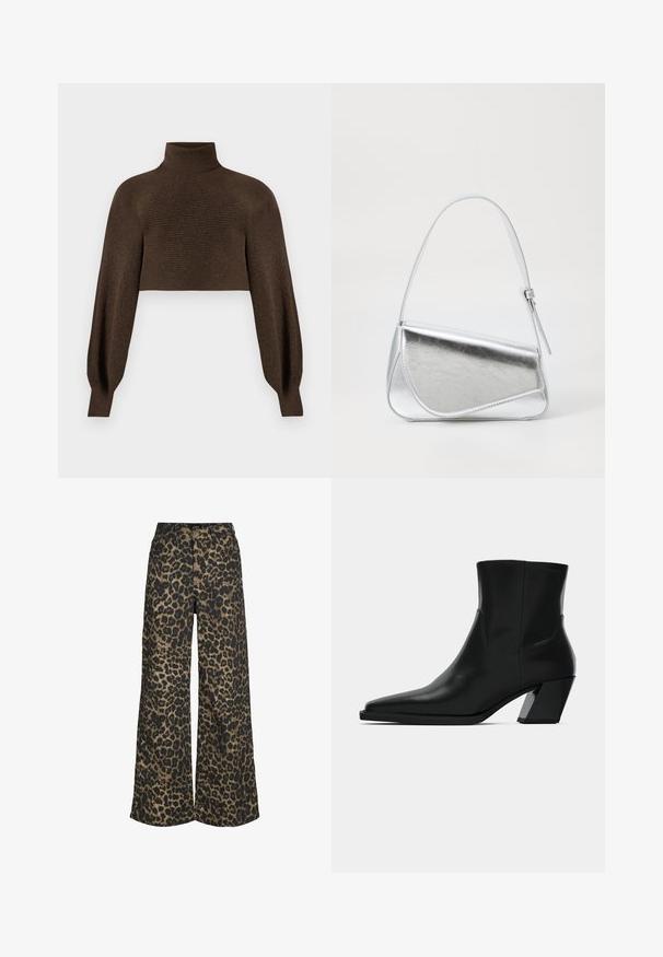 Brun cropped turtleneck sweater med ribbet tekstur og voluminøse ærmer, lavet af blødt, varmt materiale.; Bukser med vide ben med et brunt og sort leopardmønster over det hele samt foran med knapper og lynlås.; Sortlæder ankelstøvle med spids tå, en slank silhuet og en kraftig firkantet hæl. Glat tekstur med minimale stikninger.; Sølvmetallic håndtaske med en trekantet form, glat overflade og en tynd, justerbar skulderrem. Har et fold-over design med syninger.