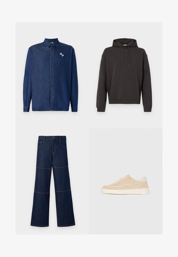 Sudadera con capucha gris oscuro hecha de tela suave, que cuenta con un bolsillo frontal tipo canguro, capucha ajustable con cordón y puños y dobladillo acanalados.; Camisa de denim azul oscuro con cierre de botones en la parte delantera, mangas largas y cuello puntiagudo. Presenta un logo "RP" bordado en blanco.; Pantalones de mezclilla anchos de color azul oscuro con costuras naranjas en contraste, que presentan grandes bolsillos de parche en cada pierna y un cierre de botón en la cintura.; Zapatillas de ante beige con suela y cordones blancos, diseño bajo y patrón de tracción en zigzag en la suela.