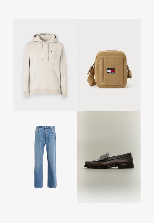 Hellbeige Kapuzensweatshirt mit vorderer Kängurutasche, verstellbare Kapuze, gerippten Bündchen und Saum sowie kleinem rechteckigen Logo auf der linken Brust.; Helle blaue Jeans im Geradeschnitt-Design, mit fünf Taschen, Knopfverschluss, minimaler Ausbleichung und kontrastierenden Nähdetails.; Dunkelbrauner Lederloafer mit niedrigem schwarzen Absatz, Mokassinnähten und einem dekorativen Riemen über dem Spann.; Beige Umhängetasche aus Stoff mit rechteckiger Form, vorderer Reißverschlusstasche und einem gebrandeten Patch. Verfügt über einen verstellbaren Riemen und Nahtdetails.