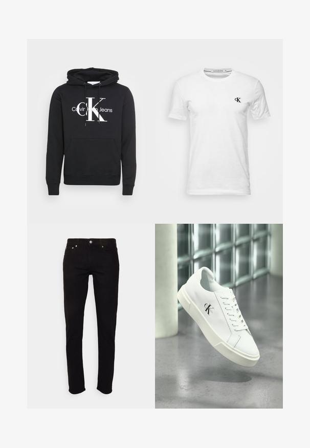Sort hættetrøje med snoretræk i hætten, forlommekant og hvidt trykt logo "Calvin Klein Jeans" med stort "CK" i midten. Fremstillet af bomuldsmateriale.; Hvid T-shirt med korte ærmer og rund hals med lille sort "CK"-logo på venstre bryst, mærke Calvin Klein Jeans, størrelse medium.; Sorte slim-fit jeans med knap- og lynlås, for- og baglommer, vist på hvid baggrund.; Hvid Calvin Klein sneaker med snørebånd, vist svævende over en poleret betongulv og en baggrund af glasblokke.