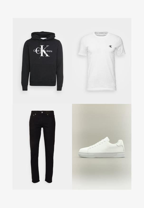 Mustas kapuutsiga dressipluus, tõmbluku kohaga, ees tasku ning valge prinditud logo "Calvin Klein Jeans" suure "CK"-ga keskpunktis. Puuvillane materjal.; Valge lühikeste varrukatega T-särk ümara kaelusega, vasakul rinnal väike must "CK" logo, silt Calvin Klein Jeans, suurus keskmine.; Mustad kitsad teksapüksid, millel on nööp ja tõmblukk, ees- ja taskud tagaküljel, valgel taustal.; Valged madalad spordijalatsid eespaela kinnitusega, pehmendatud kraega ja tekstureeritud kummist tallaga, näidatud küljeprofiilil neutraalsel taustal.